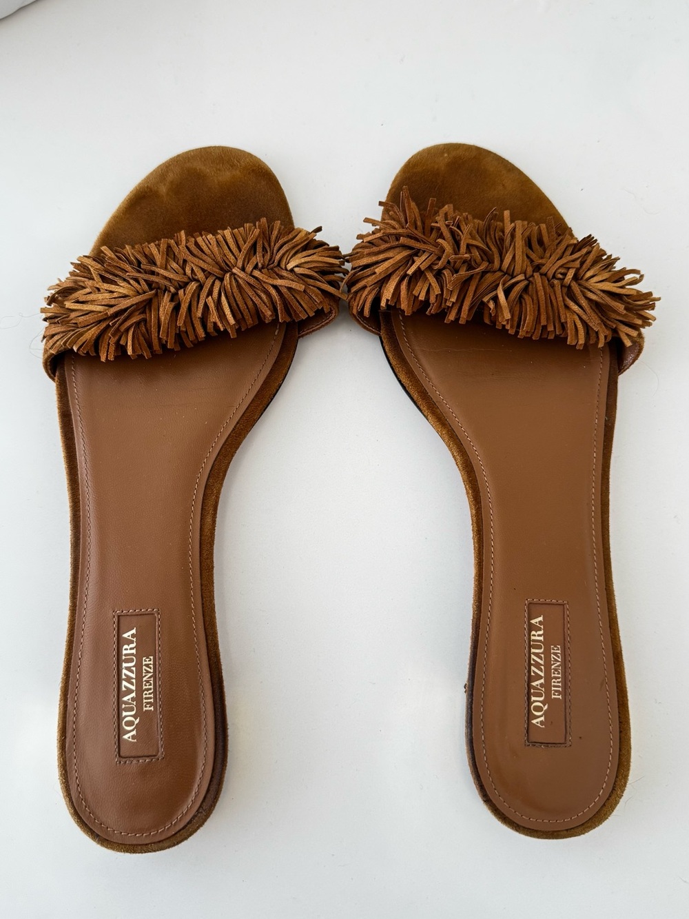 Aquazzura Tan Suede Fringe Slides